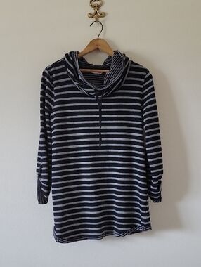 Soft Surroundings Black Grey Stripe Drawstring Cowl Neck Pullover Size Medium
